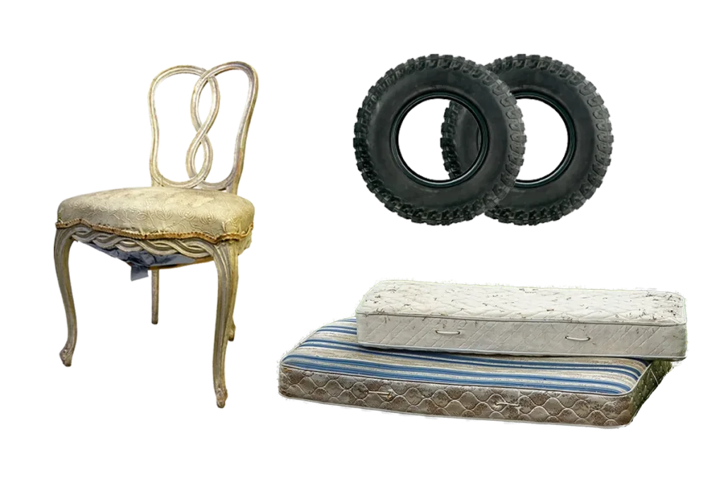 A chair, tires and mattresses