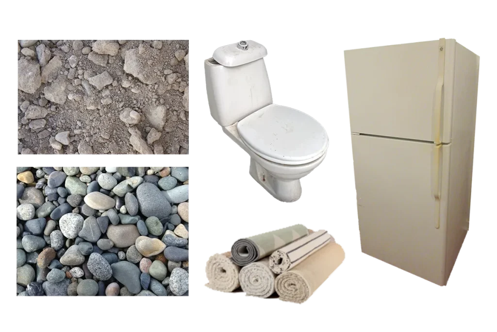 dirt, rock, a toilet, refrigerator, carpet