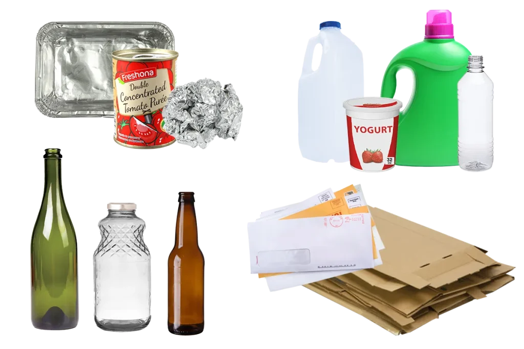 metal, plastic, glass, paper recycling